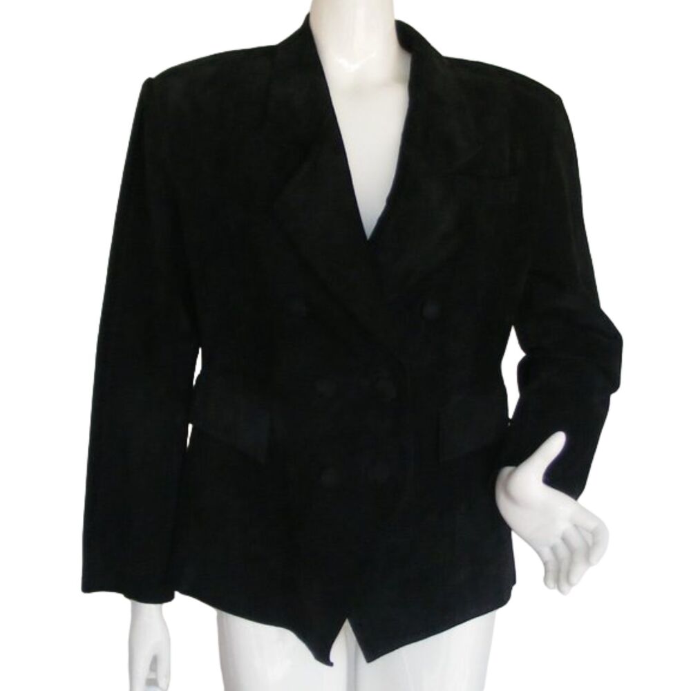 Black Suede Jacket, S, ELIZABETH, Double Breasted, Leather, VINTAGE